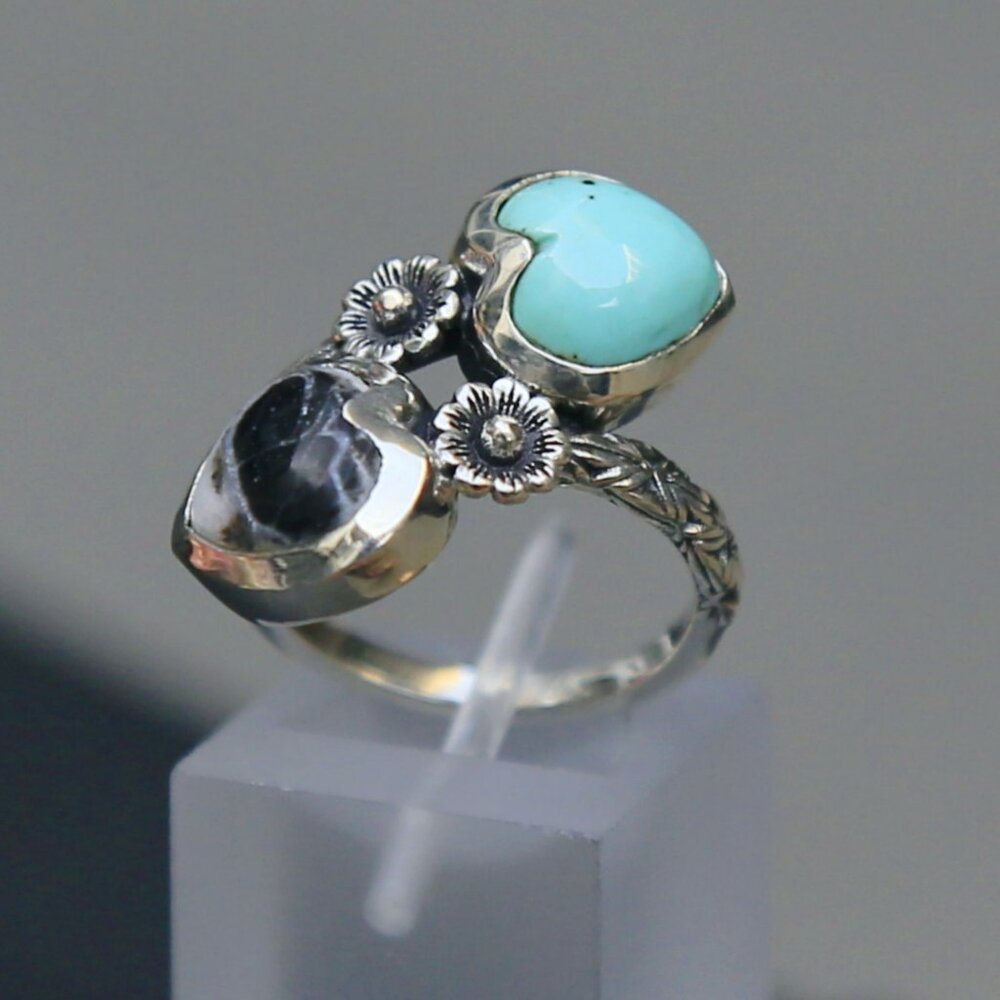 Artisan ✦ Tahoe Nevada Turquoise & White Buffalo Heart Ring ✦ 925 Bypass Size 7 - Picture 2 of 12